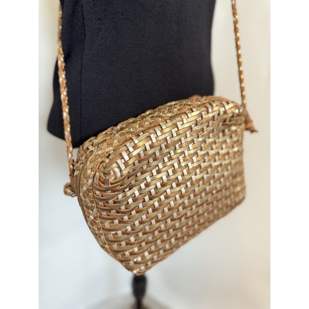 LJS Collection Woven Rustic Leather Weaved Metallic Gold Bronze Braided Purse